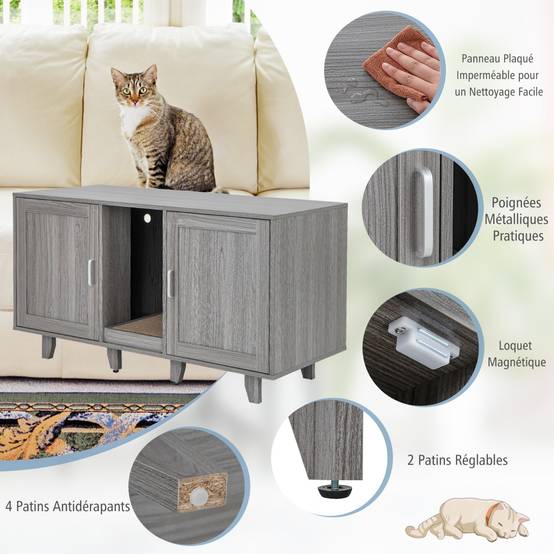 Maison de Toilette pour Chat 2 Portes Planche à Gratter Amovible Meuble Bac à Litière pour Chat 2 Compartiments Gris+Noyer - Image 5