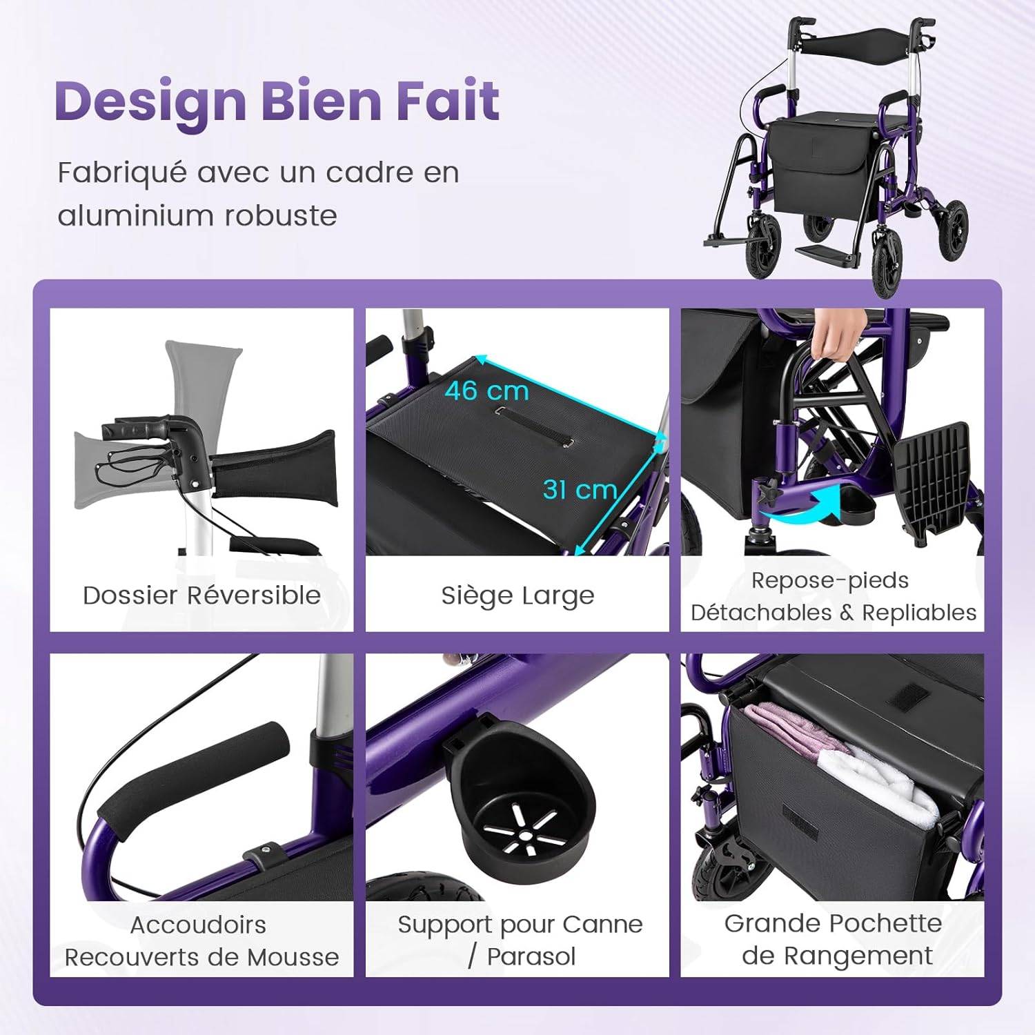 Déambulateur Tout-Terrain à 4 Roues avec Siège, Combiné Déambulateur et Fauteuil Roulant 2-en-1 avec Pneus Pneumatiques de 23 cm Hauteur Réglable, Rol - Image 3