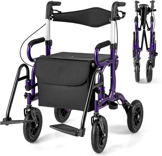 Déambulateur Tout-Terrain à 4 Roues avec Siège, Combiné Déambulateur et Fauteuil Roulant 2-en-1 avec Pneus Pneumatiques de 23 cm Hauteur Réglable, Rol - Image 1
