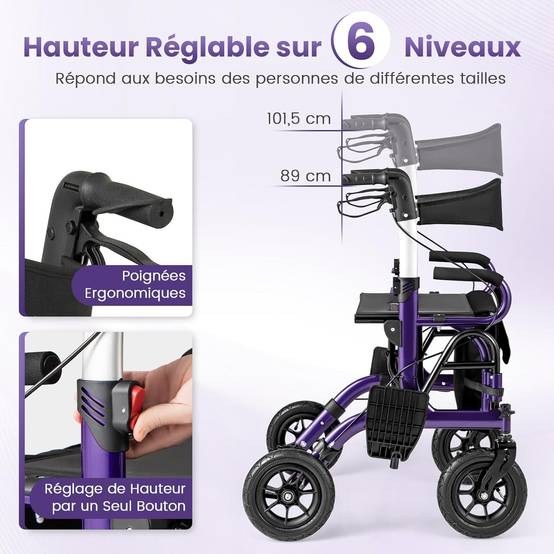 Déambulateur Tout-Terrain à 4 Roues avec Siège, Combiné Déambulateur et Fauteuil Roulant 2-en-1 avec Pneus Pneumatiques de 23 cm Hauteur Réglable, Rol - Image 5
