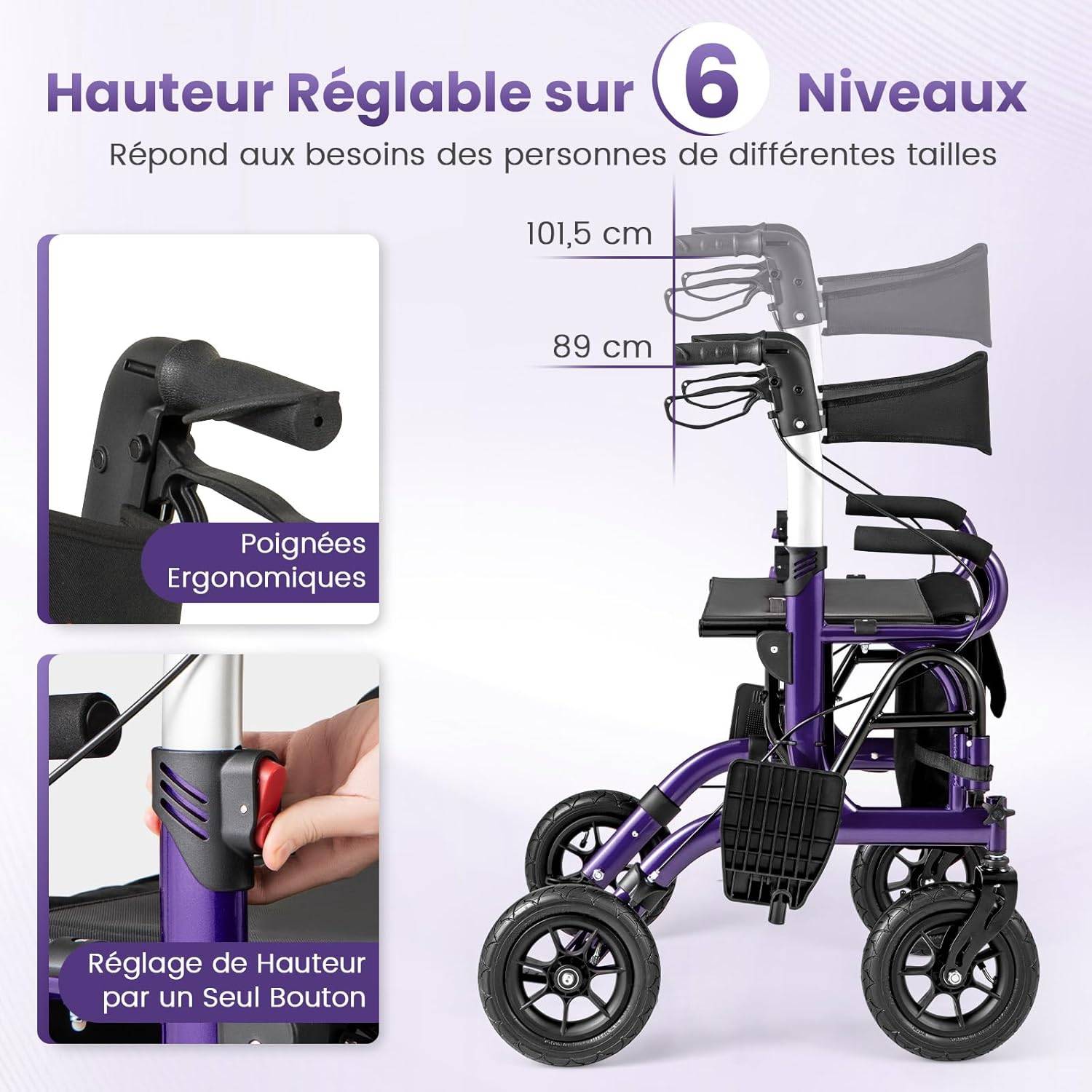 Déambulateur Tout-Terrain à 4 Roues avec Siège, Combiné Déambulateur et Fauteuil Roulant 2-en-1 avec Pneus Pneumatiques de 23 cm Hauteur Réglable, Rol - Image 5