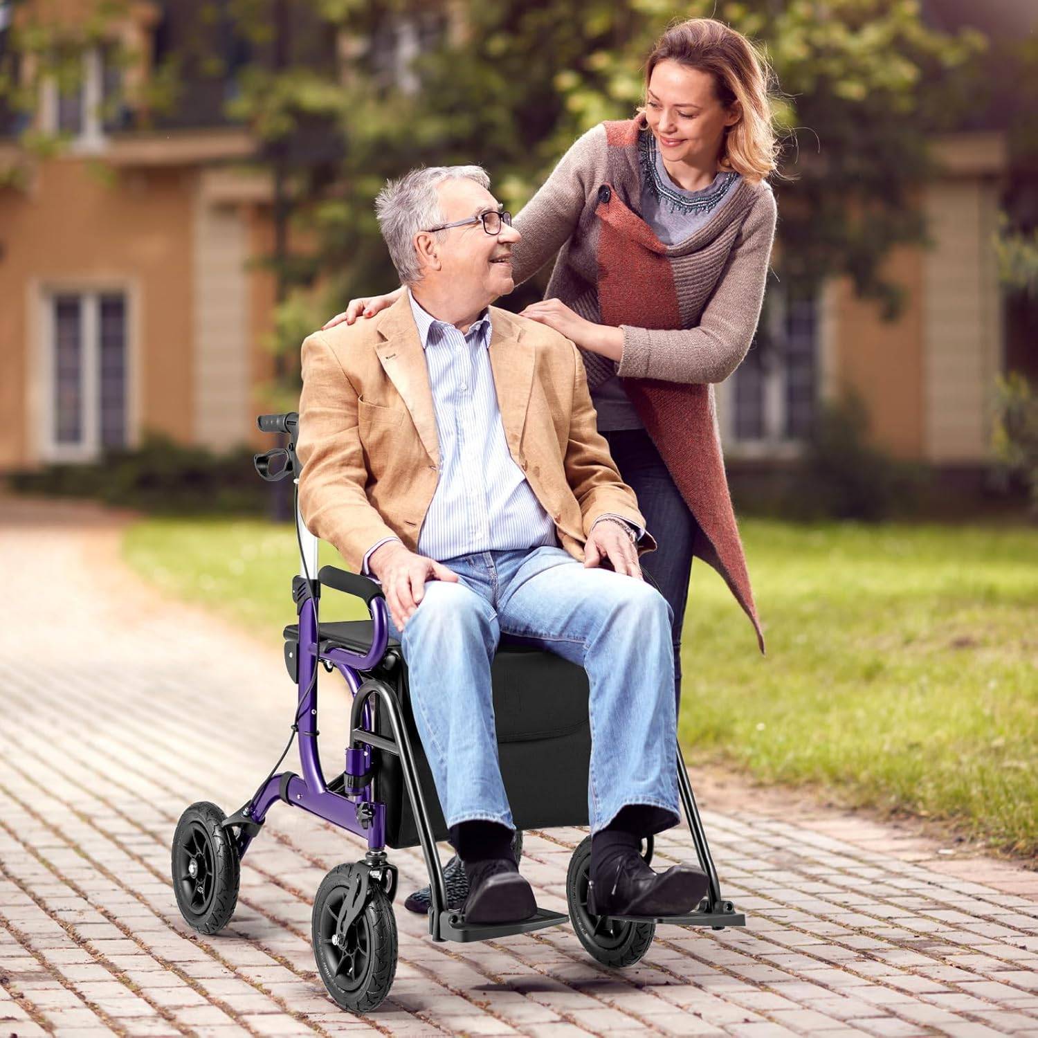 Déambulateur Tout-Terrain à 4 Roues avec Siège, Combiné Déambulateur et Fauteuil Roulant 2-en-1 avec Pneus Pneumatiques de 23 cm Hauteur Réglable, Rol - Image 2