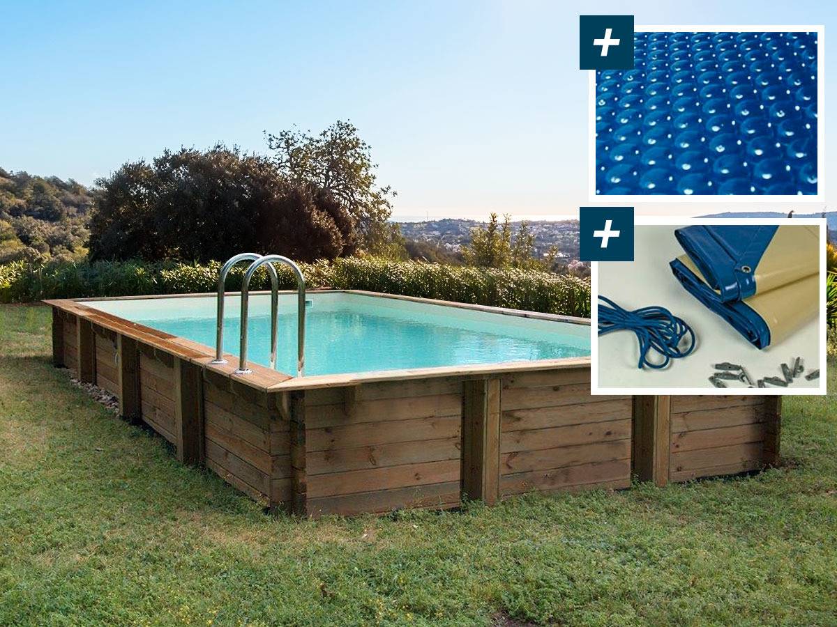 Habitat Et Jardin - Piscine Bois En Kit Rectangle "kolanta " - 10.20 X 5.20 X 1.44 M + Bâche à Bulles 400 µ - Bâche Hiver 280 G/m² -habitat Et Jardin