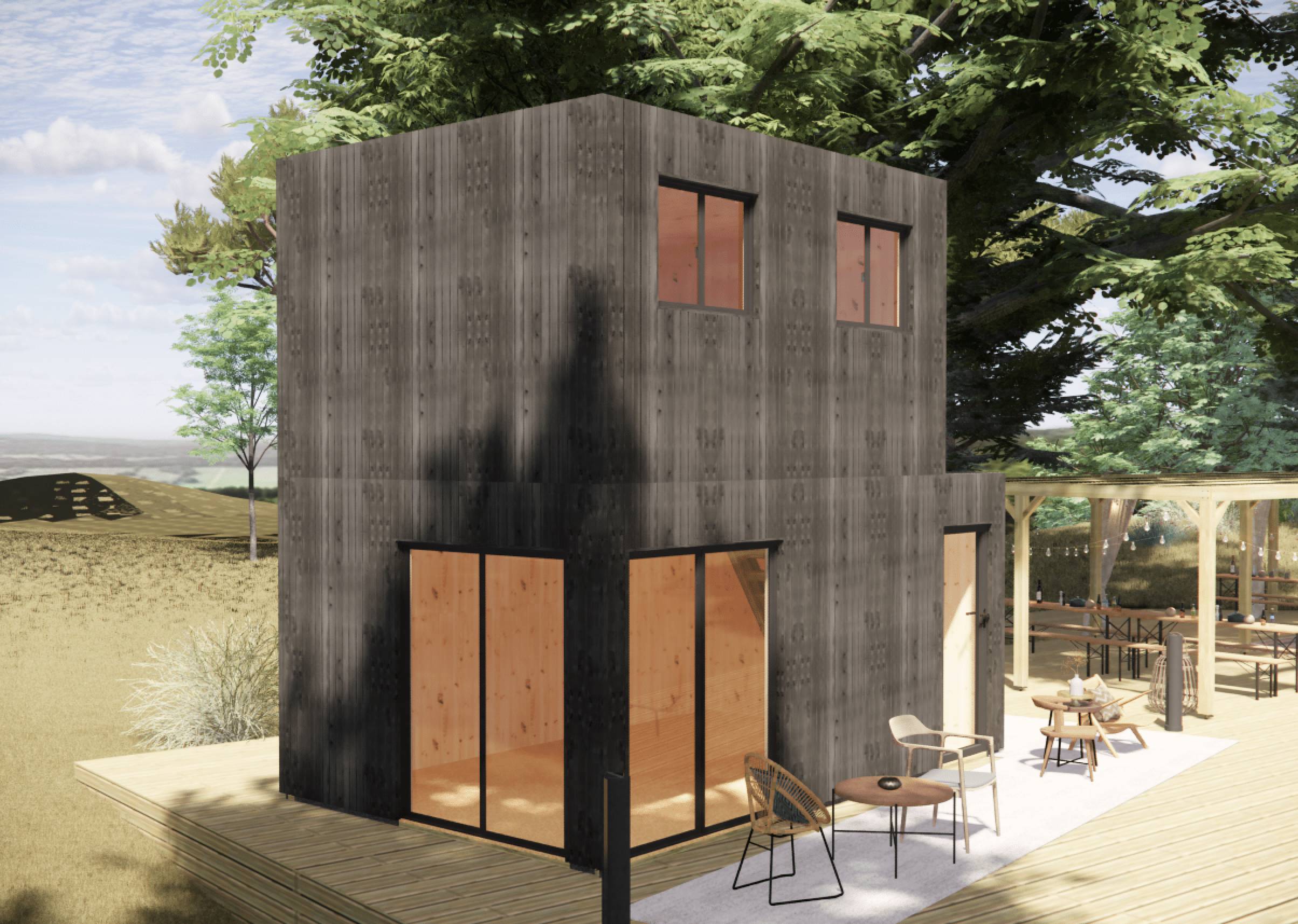 Bureau de jardin 4 saisons en bois 5,5 x 3,5 x 2,7 m / isolation RE2020 avec plancher isolé avec mezzanine et terrasse - Image 1
