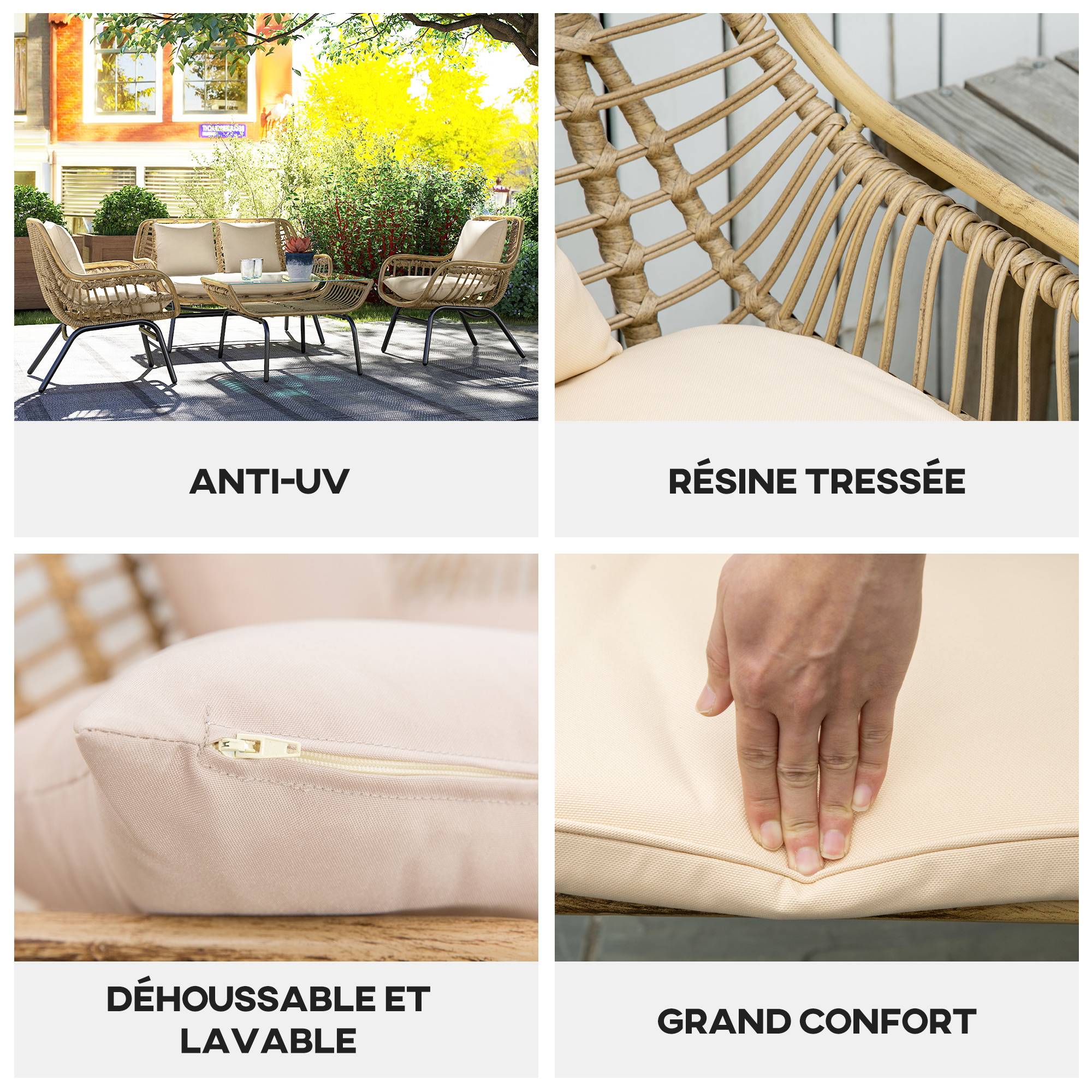 ComfortXL - Salon de jardin 4 places Métal Résine Terrasse Véranda Coussins inclus Beige - ComfortXL Outdoor Living - Image 9
