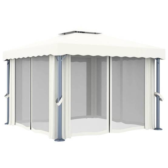 Tonnelle Aluminium avec Rideaux Moustiquaires et Guirlande Solaire LED pour Jardin Crème 3x3 m – ComfortXL Outdoor Living - Image 6