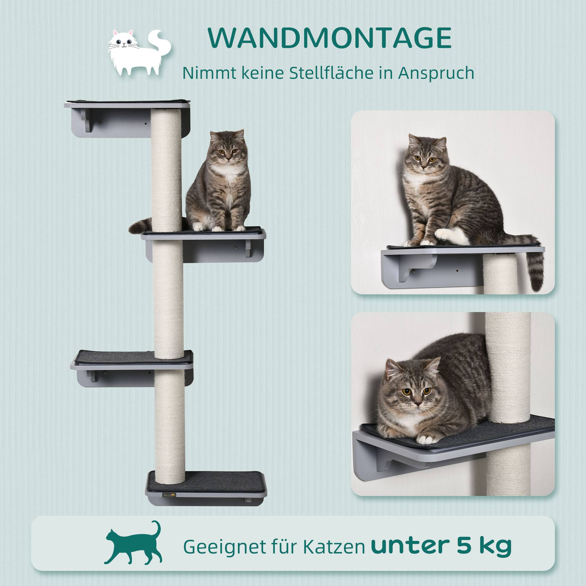 ComfortXL - Arbre à Chat Mural Design Bois MDF Sisal 4 Niveaux Griffoir 137cm Gris - ComfortXL Pet Living - Image 4