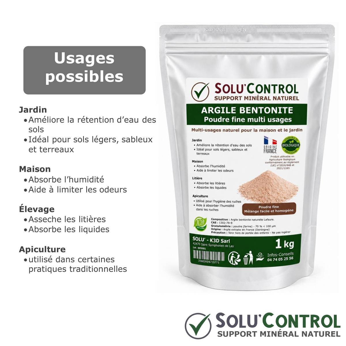 Tout pour les nuisibles - Argile Bentonite Naturelle en Poudre 1 Kg SOLU'CONTROL – Fort Pouvoir Absorbant – Rétention d'Eau – Jardin, Terreau, Sols Sableux, Humidité et Litière - Image 7