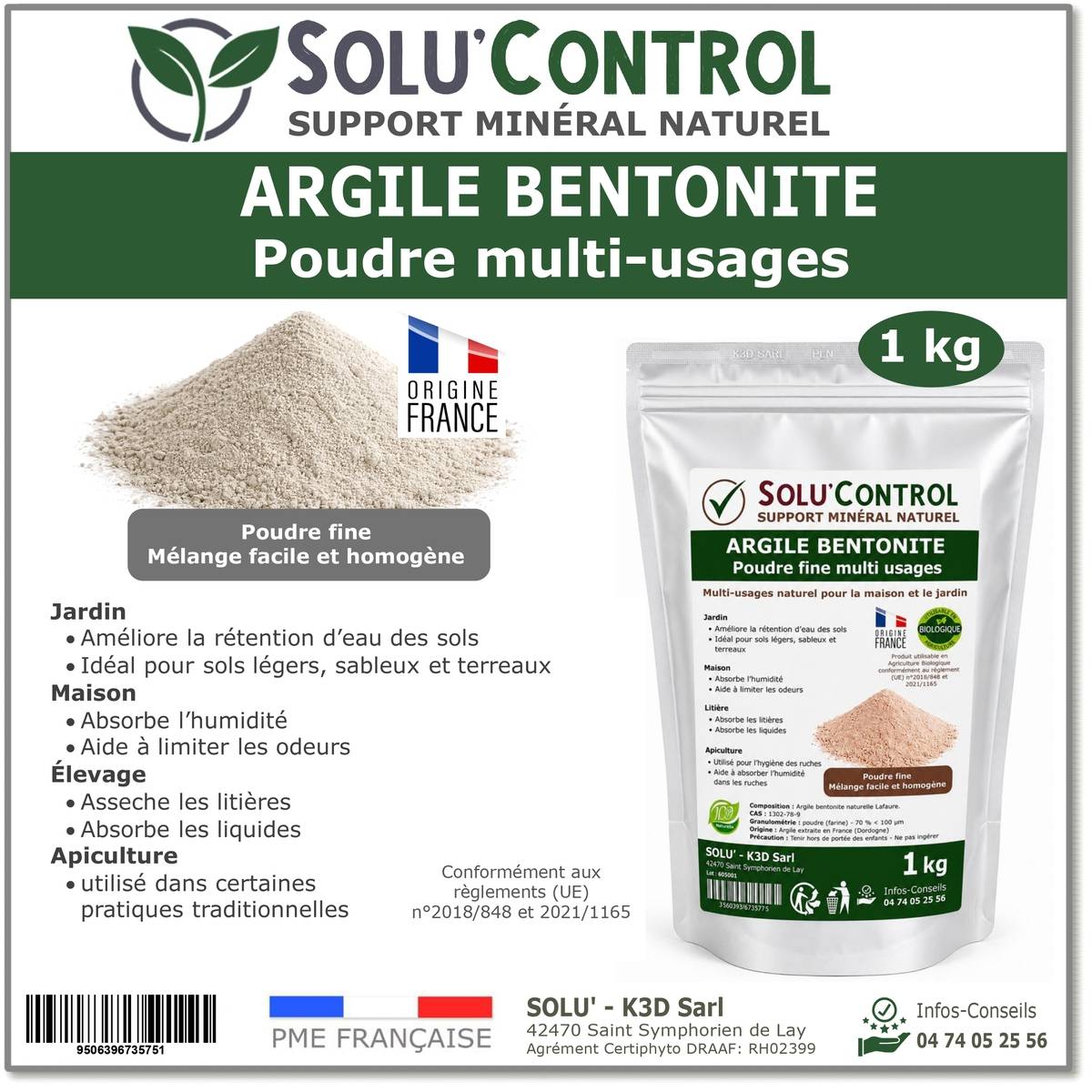 Tout pour les nuisibles - Argile Bentonite Naturelle en Poudre 1 Kg SOLU'CONTROL – Fort Pouvoir Absorbant – Rétention d'Eau – Jardin, Terreau, Sols Sableux, Humidité et Litière - Image 1