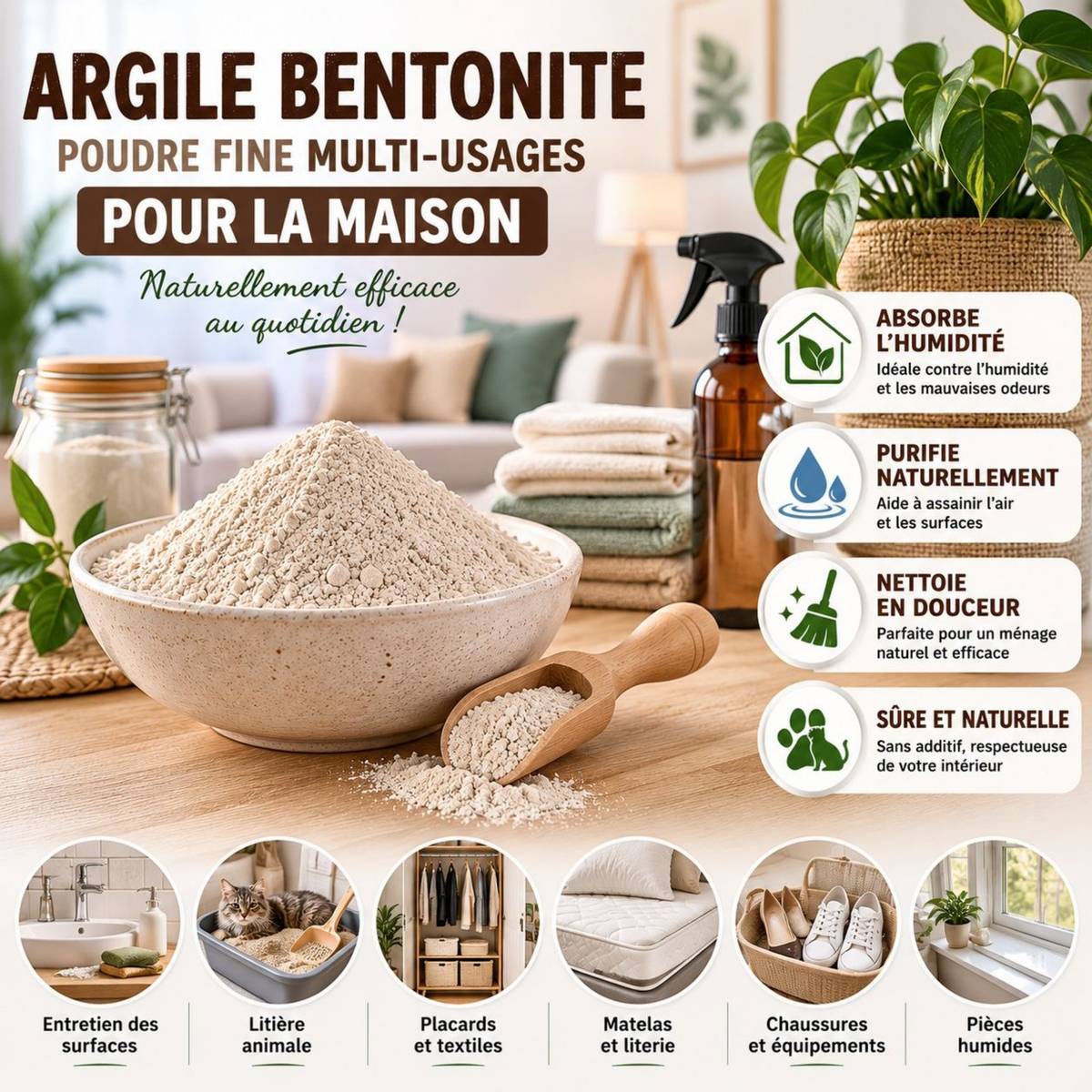 Tout pour les nuisibles - Argile Bentonite Naturelle en Poudre 1 Kg SOLU'CONTROL – Fort Pouvoir Absorbant – Rétention d'Eau – Jardin, Terreau, Sols Sableux, Humidité et Litière - Image 4