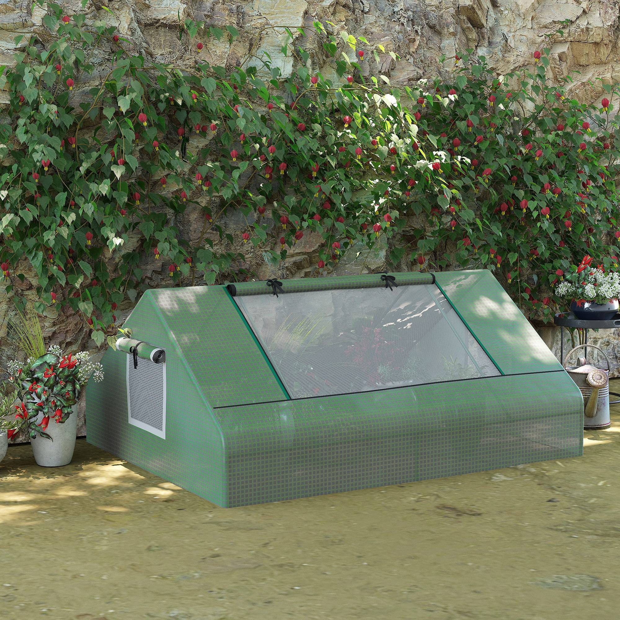 Mini serre de jardin mini serre tunnel 180x140x80cm toit pointu acier PE haute densité 140 g/m² 2 grandes fenêtres vert foncé - Image 4