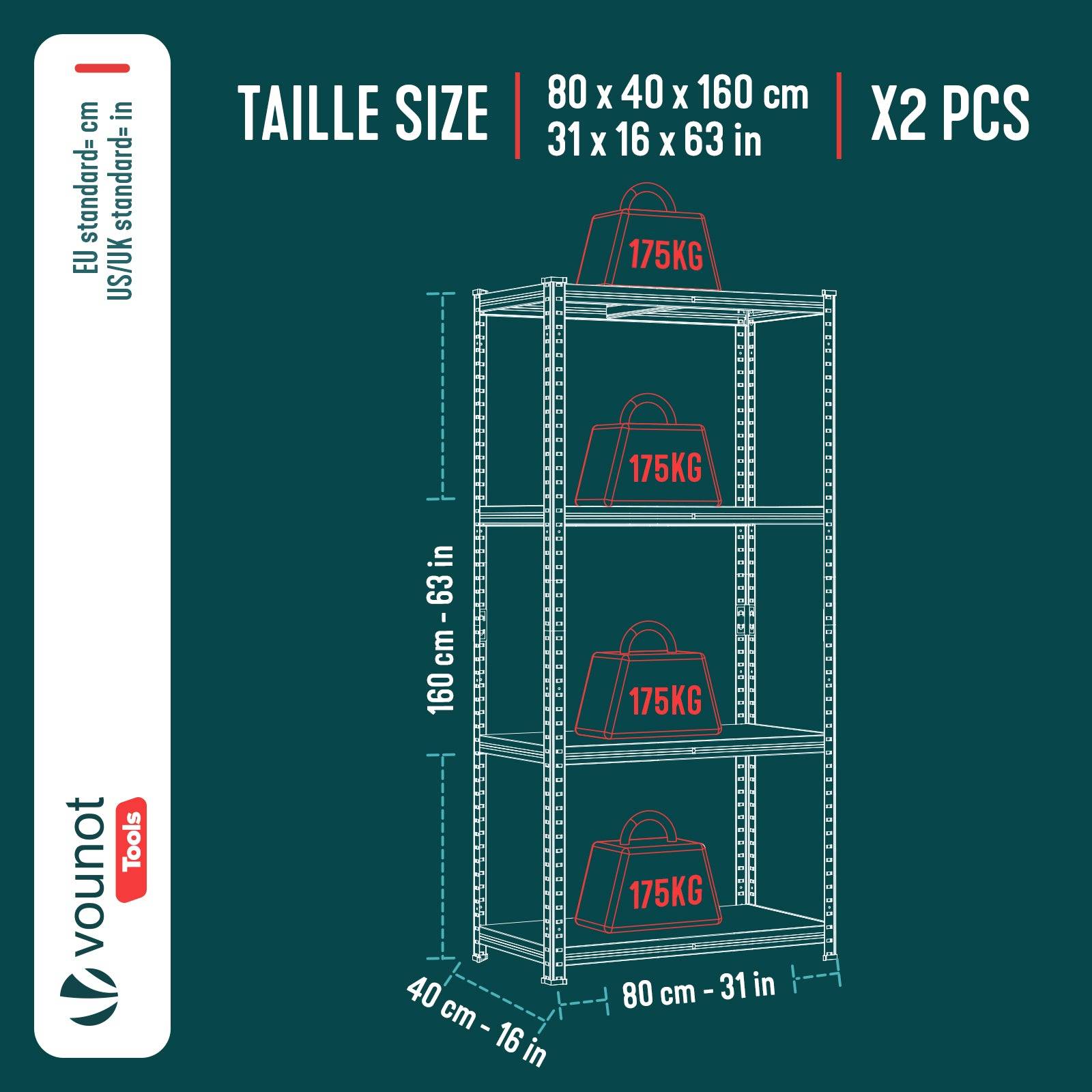 Lot de 2 étagères métalliques charge lourde 700kg - 80x40x160cm - 4 tablettes réglables - rayonnage robuste VOUNOT® - Image 3