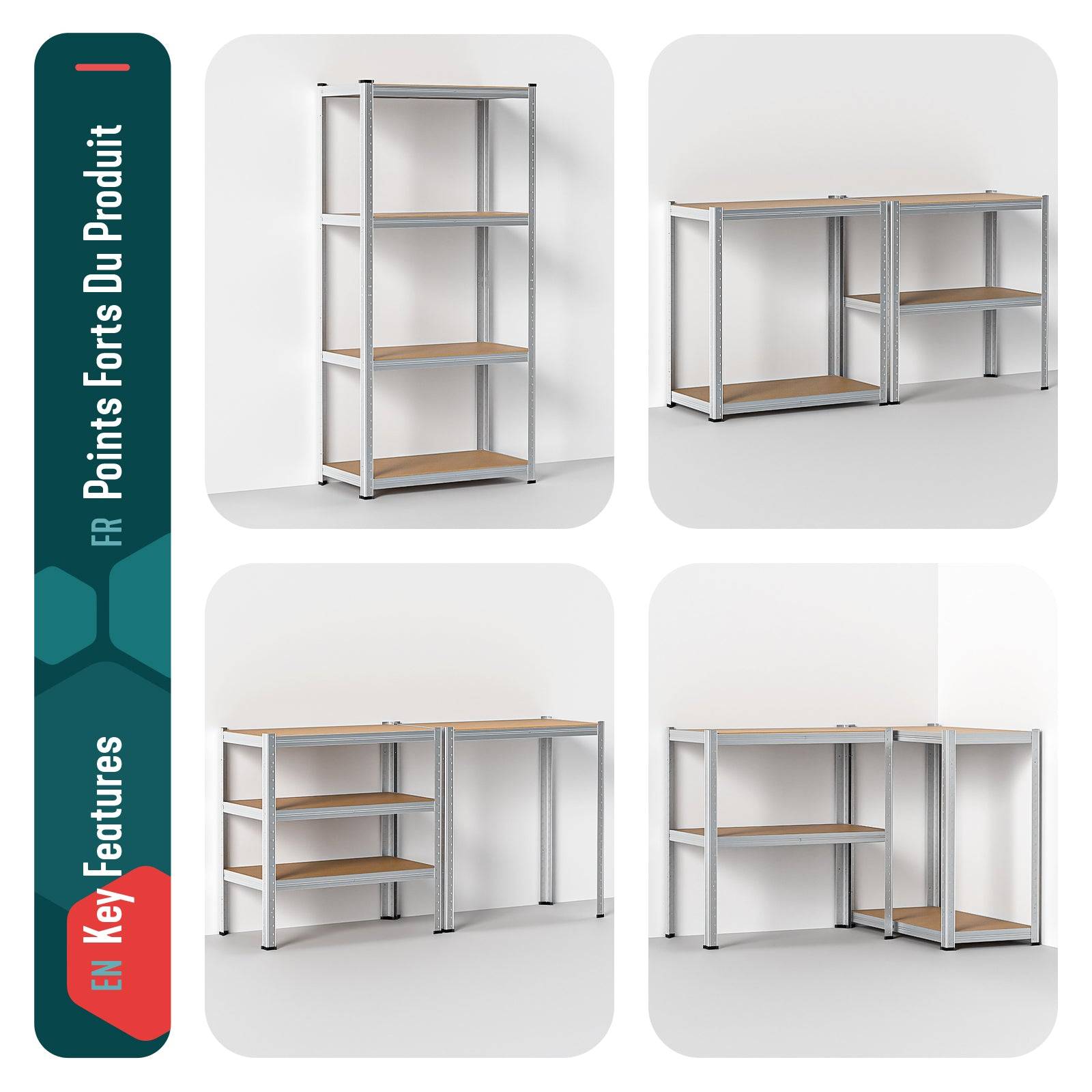 Lot de 2 étagères métalliques charge lourde 700kg - 80x40x160cm - 4 tablettes réglables - rayonnage robuste VOUNOT® - Image 5
