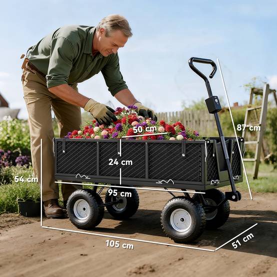 Sans Marque - Chariot de jardin 300 Kg chariot remorque avec bâche amovible et poignée rotative à 180°, parois rabattables, noir - Image 5