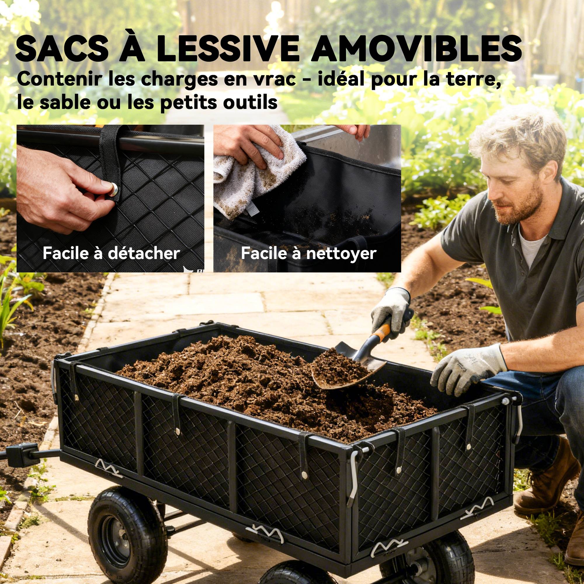 Sans Marque - Chariot de jardin 300 Kg chariot remorque avec bâche amovible et poignée rotative à 180°, parois rabattables, noir - Image 7