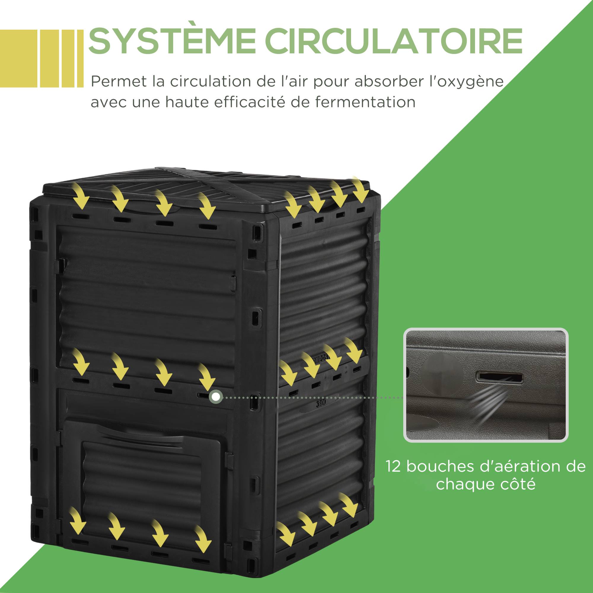ComfortXL - Composteur jardin polypropylène noir 300 L 60,5 x 60,5 x 81,5 cm ventilation 48 aérations - ComfortXL Outdoor Living - Image 8