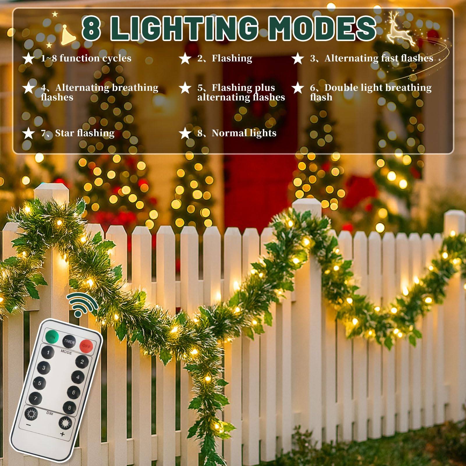Guirlande de Noël artificielle de 10 m avec lumières LED, guirlande lumineuse de Noël de 10 mètres avec 100 LED, 8 modes, lumière chaude (C) - Image 5