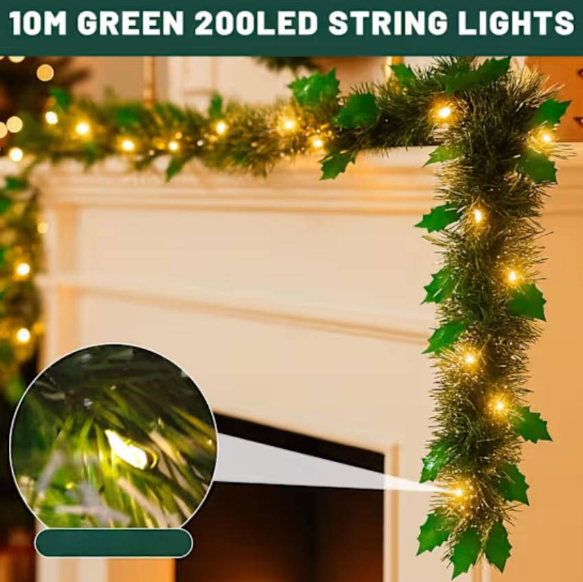 Guirlande de Noël artificielle de 10 m avec lumières LED, guirlande lumineuse de Noël de 10 mètres avec 100 LED, 8 modes, lumière chaude (C) - Image 4