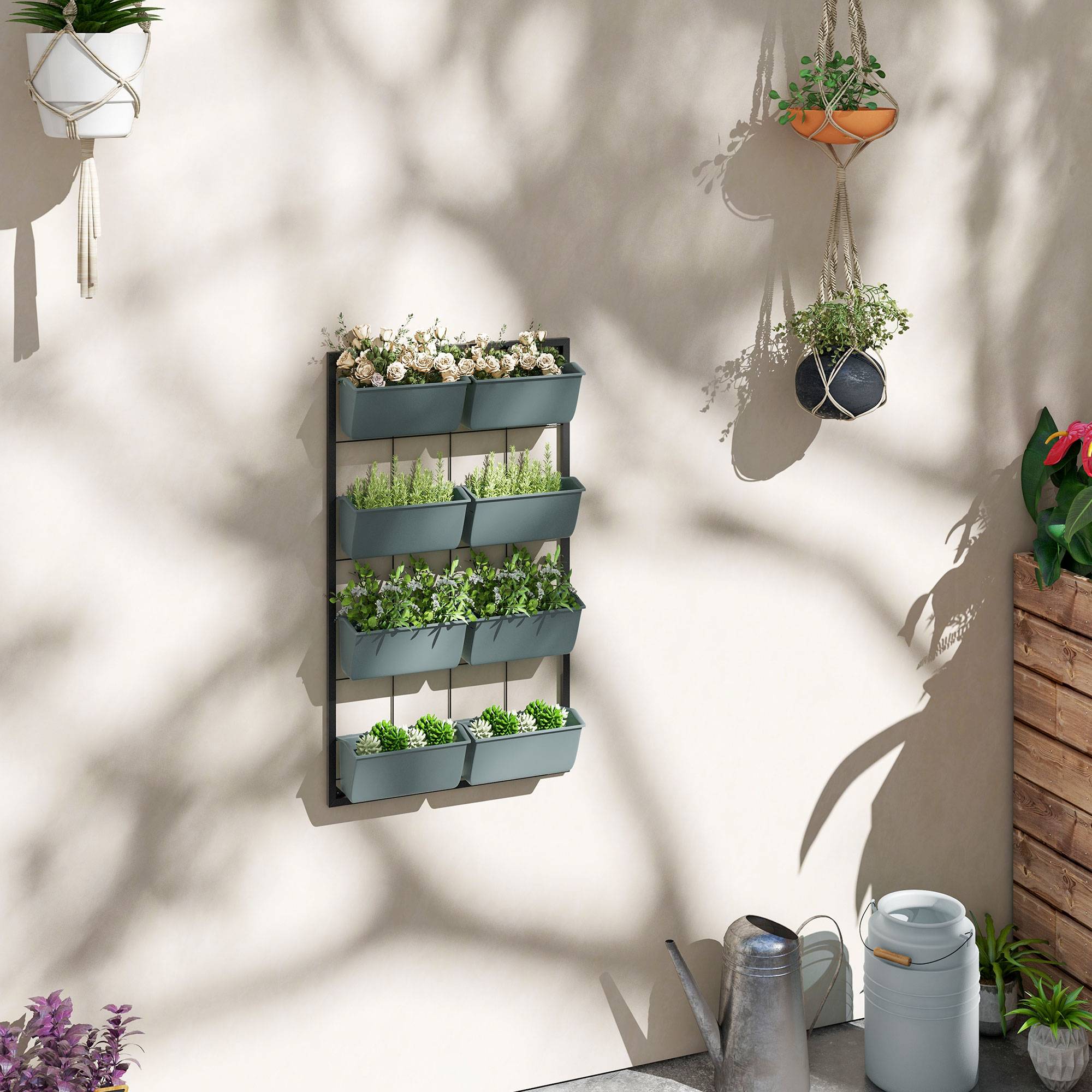 Sans Marque - Potager vertical mural 4 niveaux 8 pots acier plastique 52x14x90 cm vert foncé/noir - Image 3