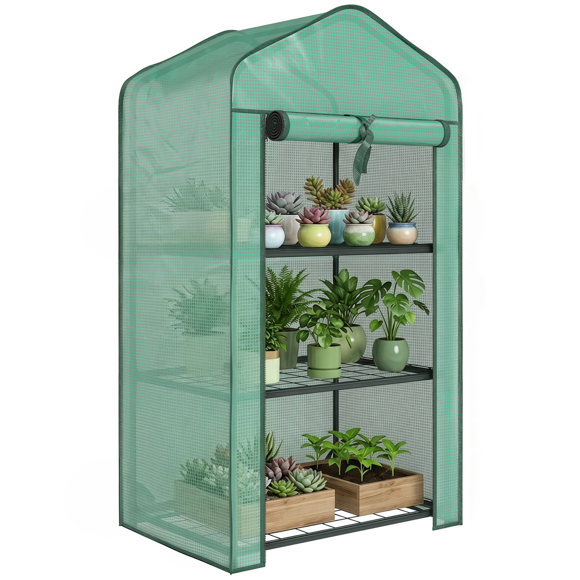 Sans Marque - Serre de jardin balcon 3 étagères compacte acier PE renforcé serre potagère 59x39x127 cm verte culture légumes fleurs serre urbaine gain de place - Image 1