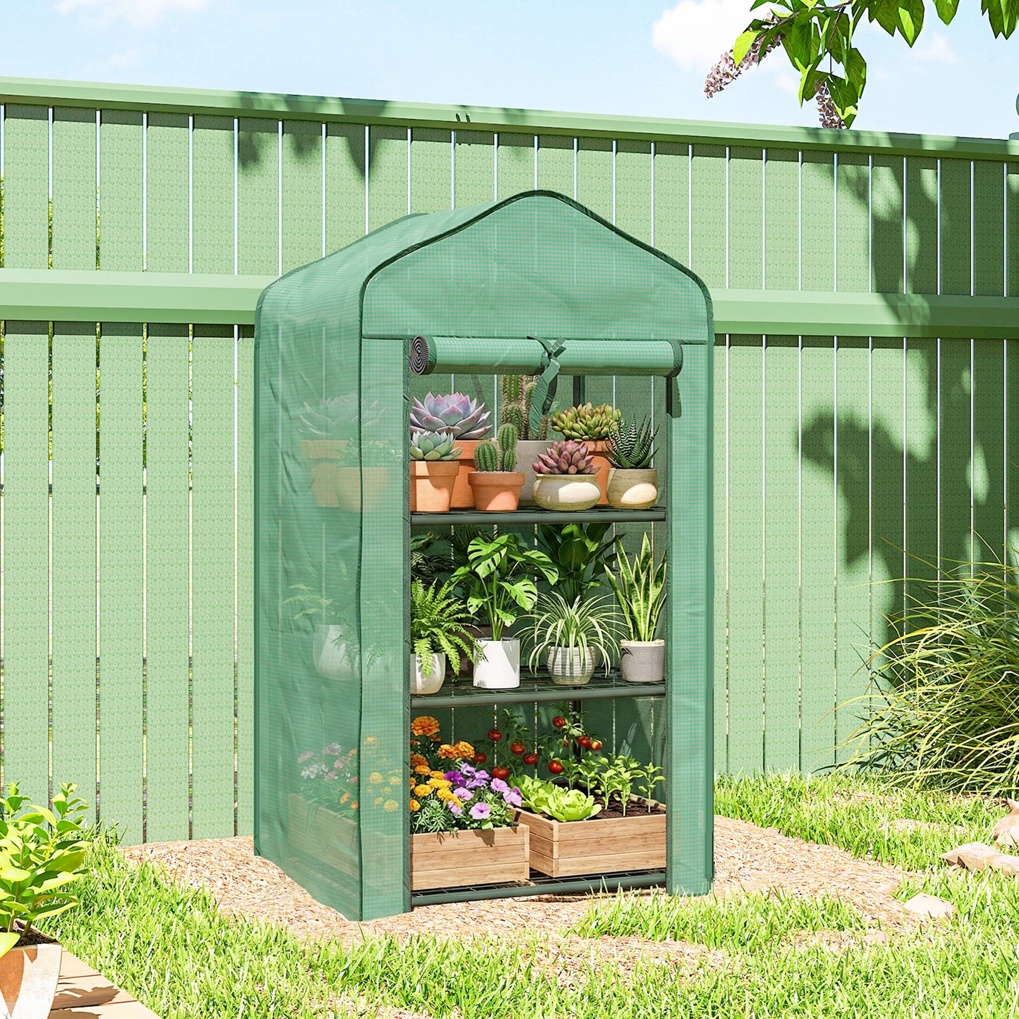 Sans Marque - Serre de jardin balcon 3 étagères compacte acier PE renforcé serre potagère 59x39x127 cm verte culture légumes fleurs serre urbaine gain de place - Image 4