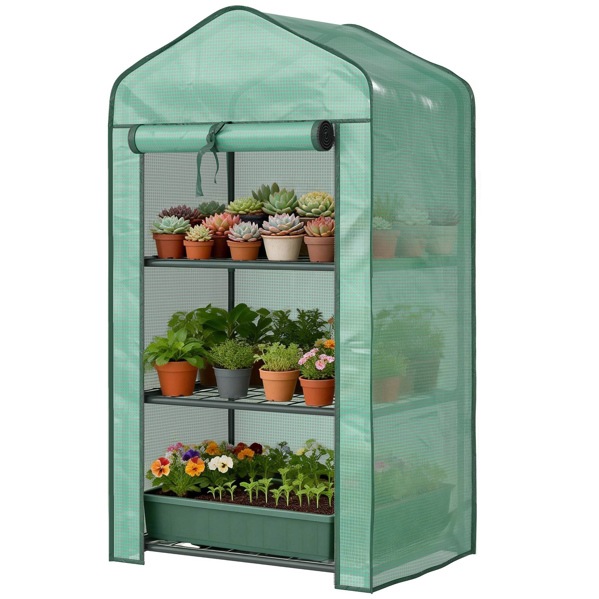 Sans Marque - Serre de jardin balcon 3 étagères compacte acier PE renforcé serre potagère 59x39x127 cm verte culture légumes fleurs serre urbaine gain de place - Image 2