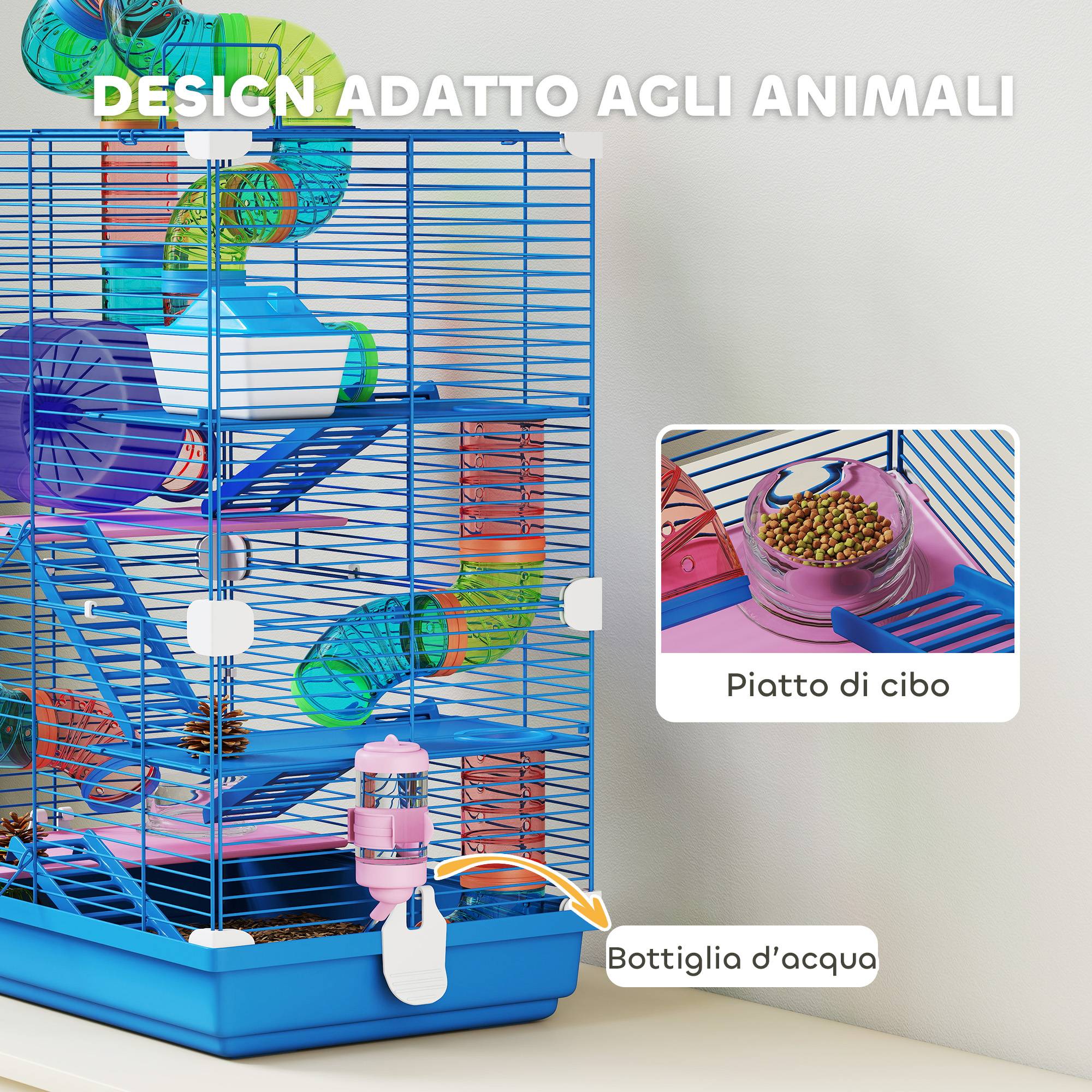 Cage hamster 5 niveaux avec tubes, roue, échelles, cabane, bouteille d'eau, 46x30x58cm - Image 7