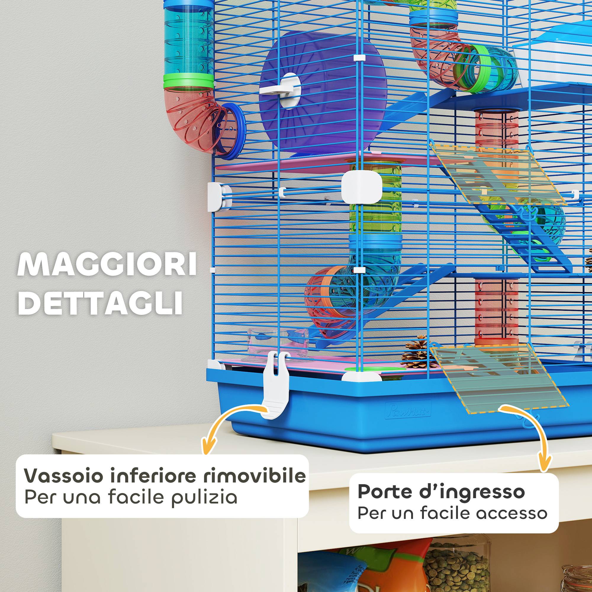 Cage hamster 5 niveaux avec tubes, roue, échelles, cabane, bouteille d'eau, 46x30x58cm - Image 9