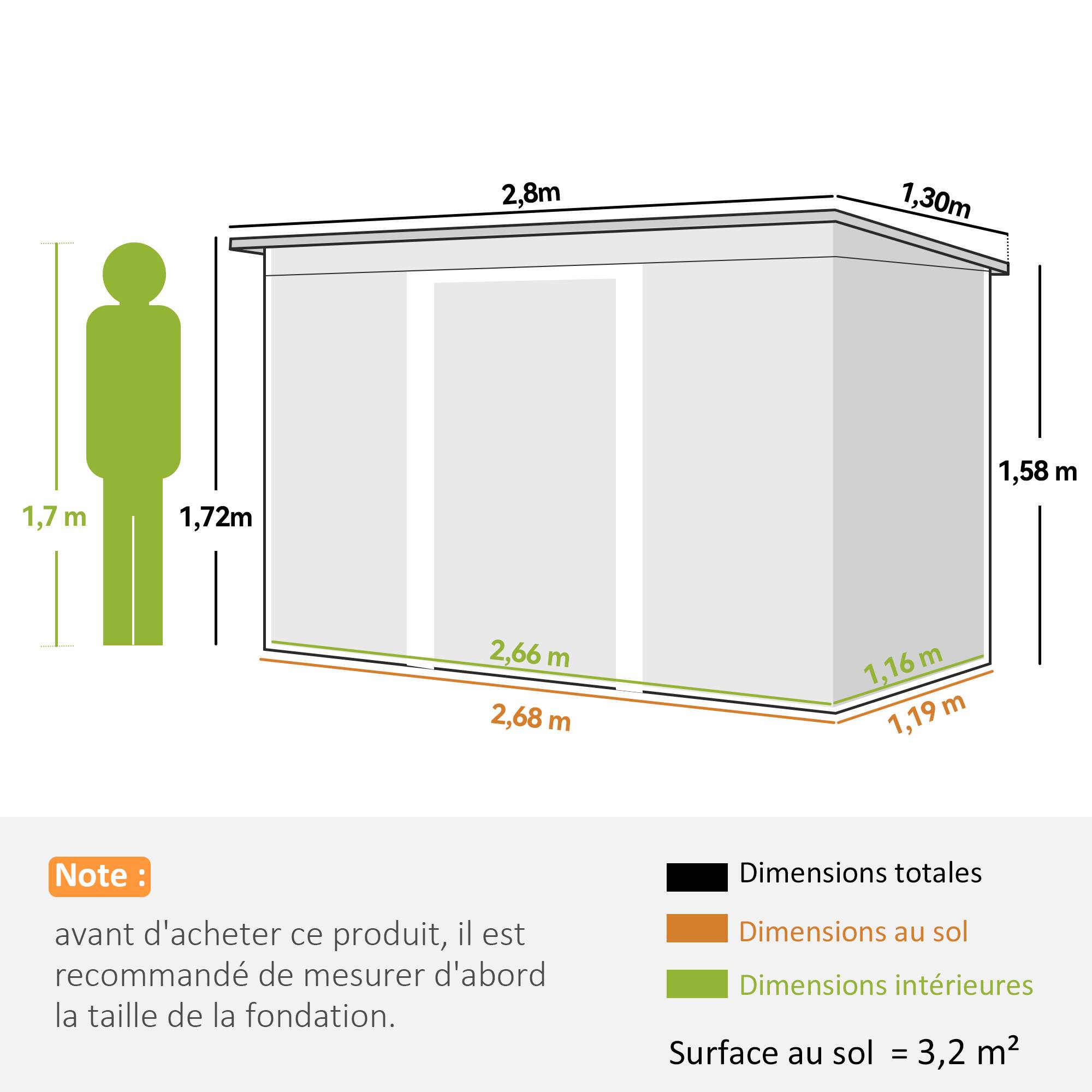 Abri de jardin acier galvanisé 3,6 m² 280x130x172 cm avec kit fondation porte coulissante gris clair - Image 5