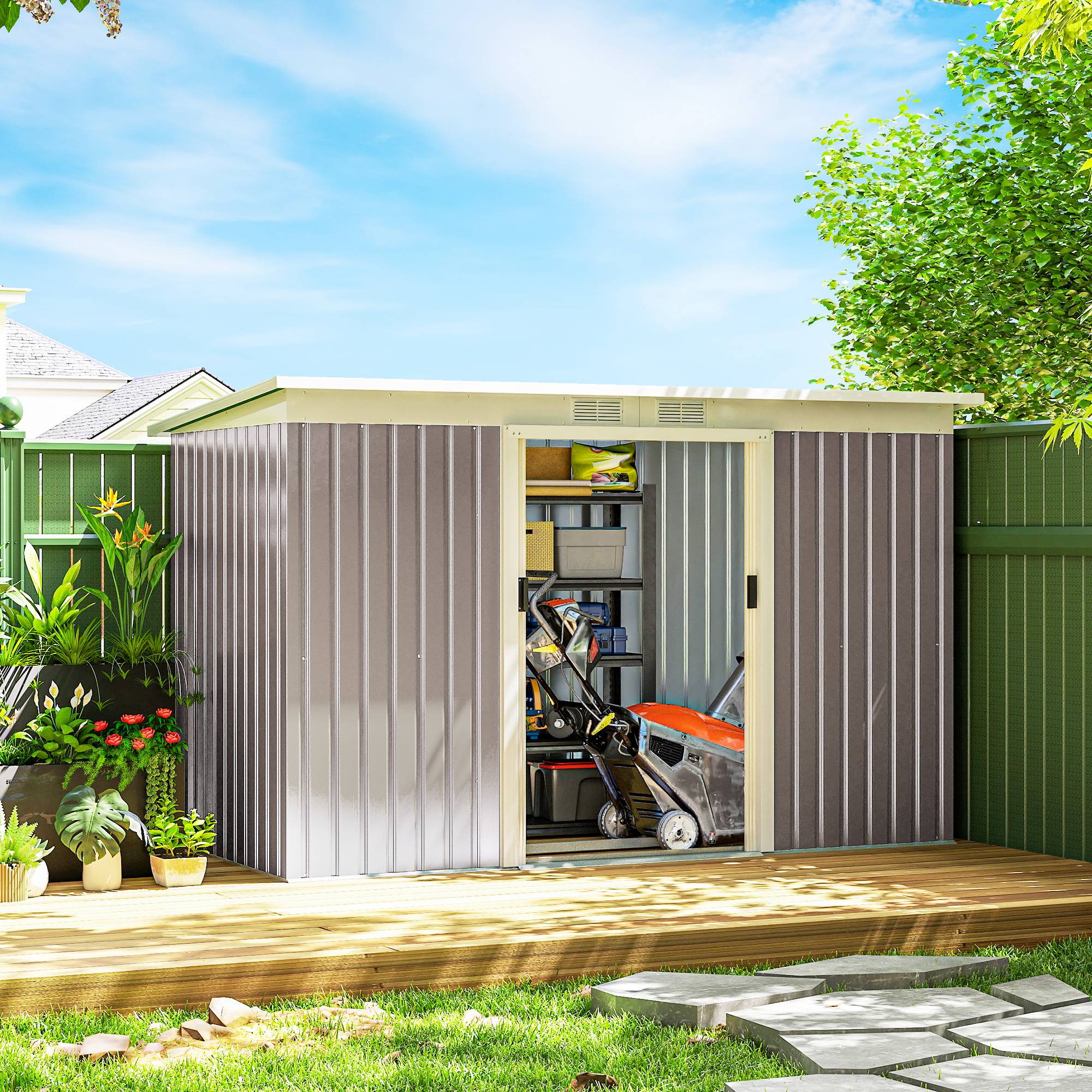 Abri de jardin acier galvanisé 3,6 m² 280x130x172 cm avec kit fondation porte coulissante gris clair - Image 4