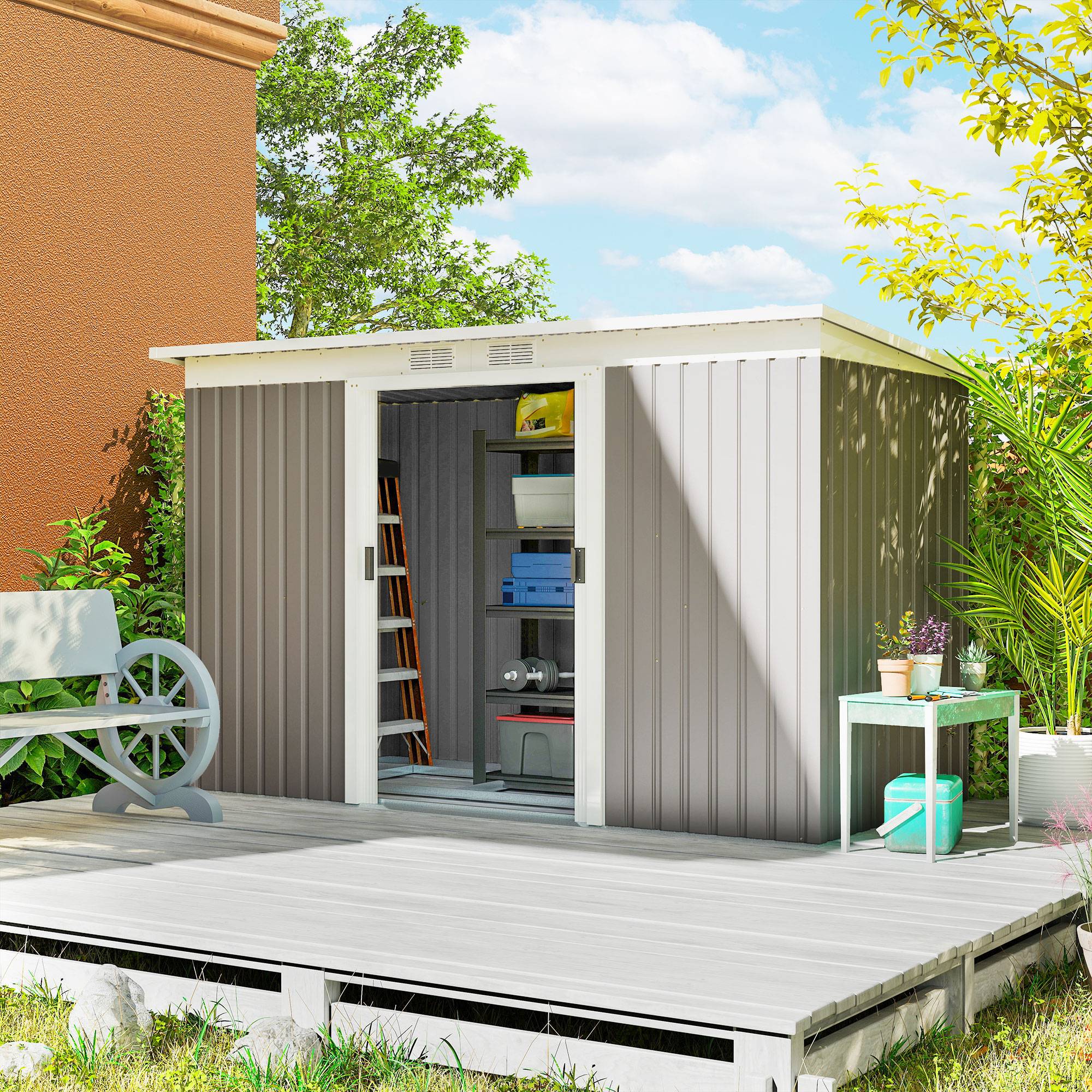 Abri de jardin acier galvanisé 3,6 m² 280x130x172 cm avec kit fondation porte coulissante gris clair - Image 3