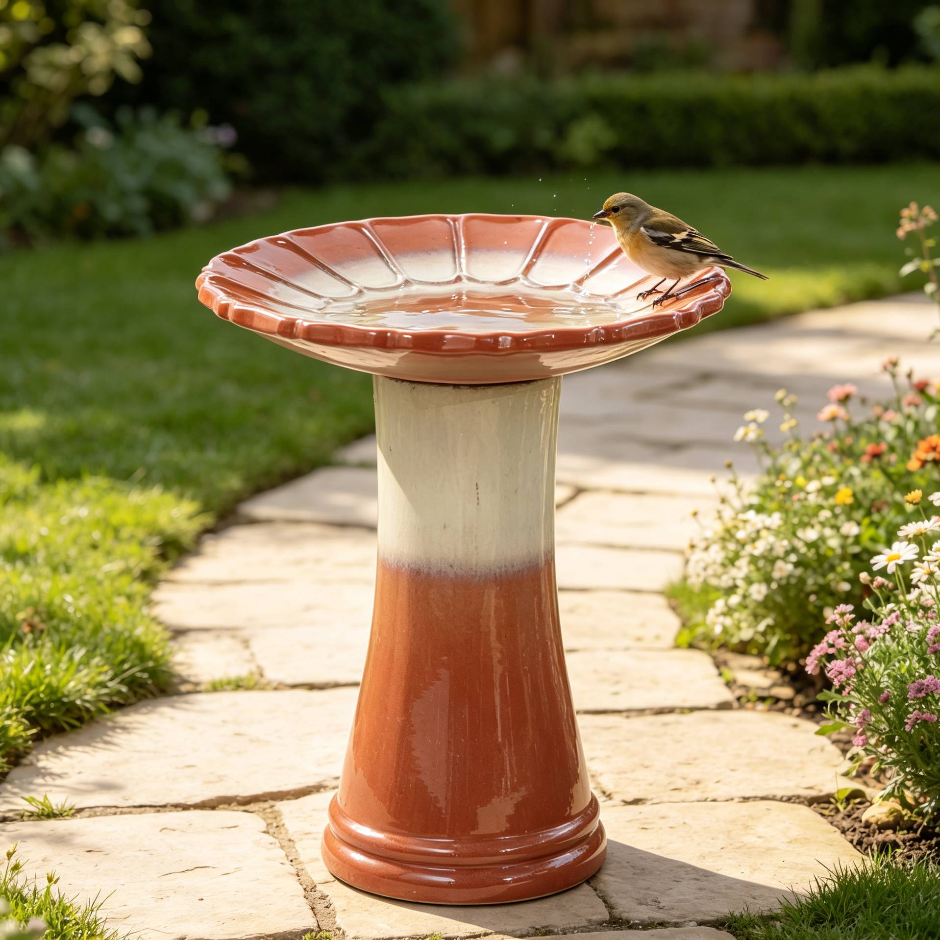 ComfortXL - Bain d’oiseaux en céramique Ø43 x H45 cm dégradé brun-rouge et blanc pour jardin antigel - ComfortXL Outdoor Living - Image 4