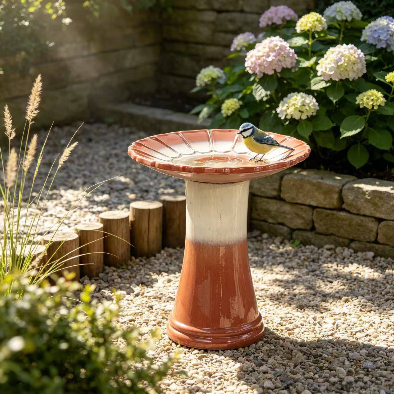 ComfortXL - Bain d’oiseaux en céramique Ø43 x H45 cm dégradé brun-rouge et blanc pour jardin antigel - ComfortXL Outdoor Living - Image 1