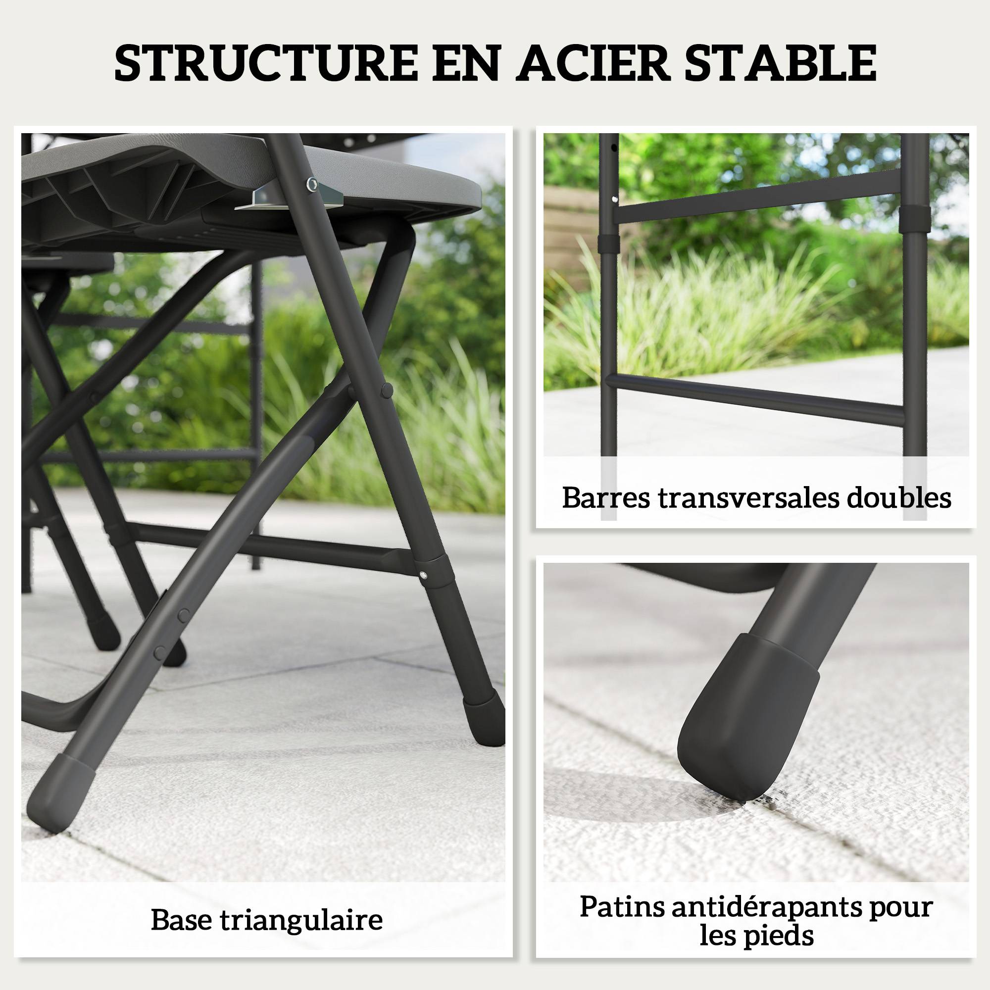Salon de jardin extérieur table de jardin extérieure avec 4 chaises pliables table réglable en hauteur 118 cm gris foncé - Image 10