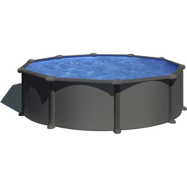 GRE - Kit Piscine hors sol acier ronde grise anthracite - Ø480 x H132 (Livrée avec filtre a sable + échelle) - Image 1