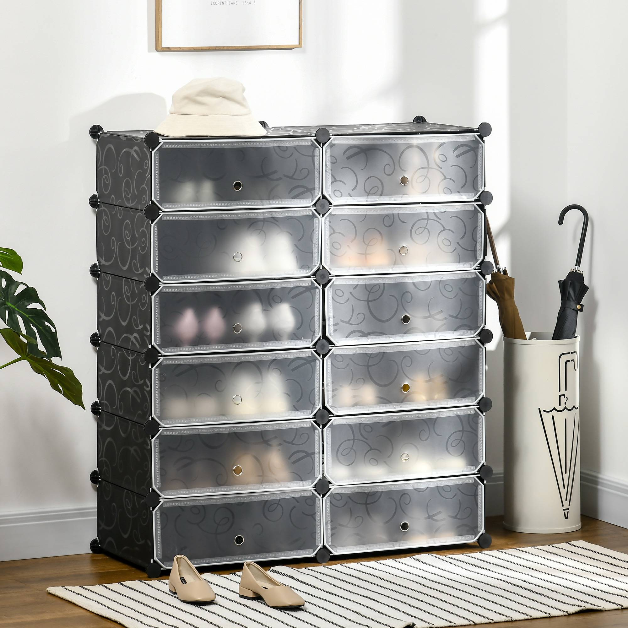 Étagère à chaussures, 12 boîtes de rangement pour 24 paires de chaussures, en plastique, noir et blanc - Image 4