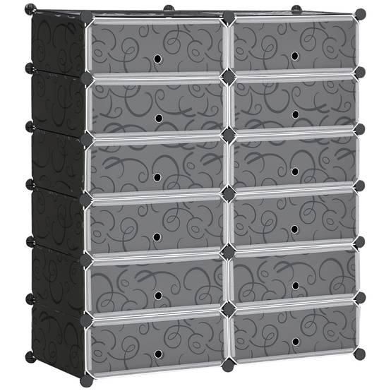 Étagère à chaussures, 12 boîtes de rangement pour 24 paires de chaussures, en plastique, noir et blanc - Image 1