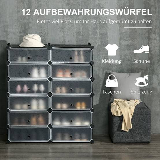 Étagère à chaussures, 12 boîtes de rangement pour 24 paires de chaussures, en plastique, noir et blanc - Image 6