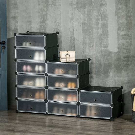 Étagère à chaussures, 12 boîtes de rangement pour 24 paires de chaussures, en plastique, noir et blanc - Image 3