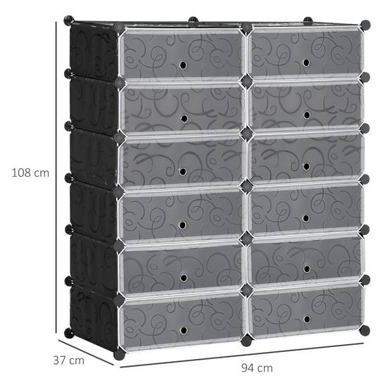 Étagère à chaussures, 12 boîtes de rangement pour 24 paires de chaussures, en plastique, noir et blanc - Image 5