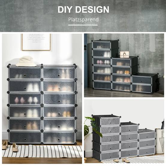 Étagère à chaussures, 12 boîtes de rangement pour 24 paires de chaussures, en plastique, noir et blanc - Image 7