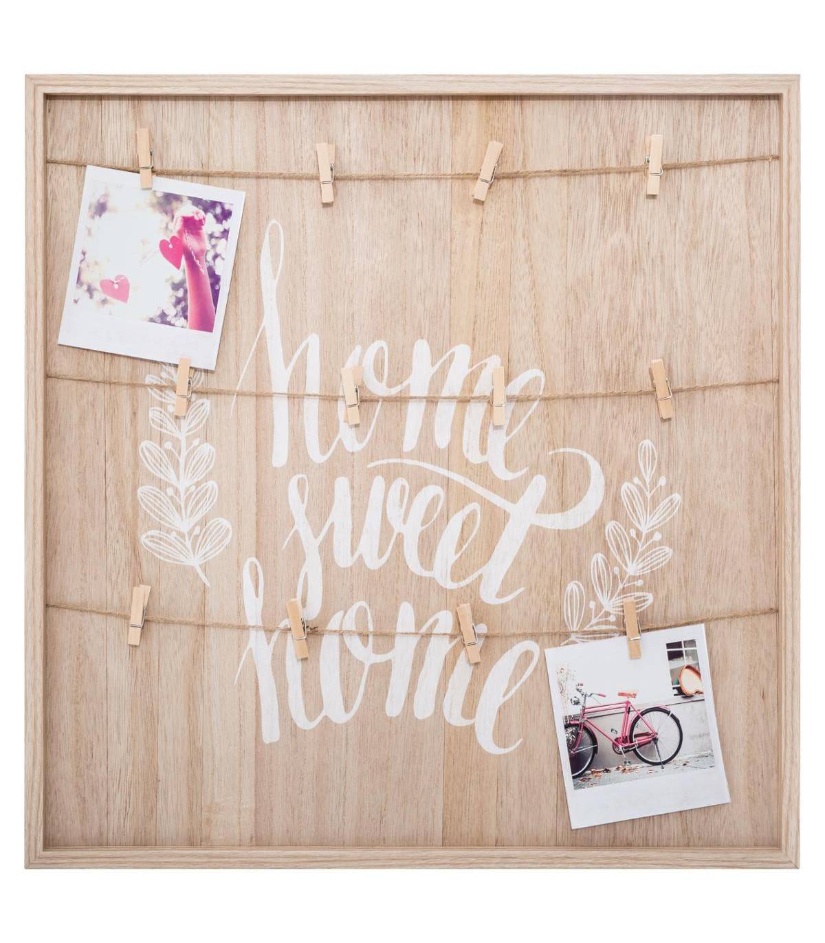 Porte Photos mural en Bois avec suspension cordes et pinces 48 x 48 cm - Image 1