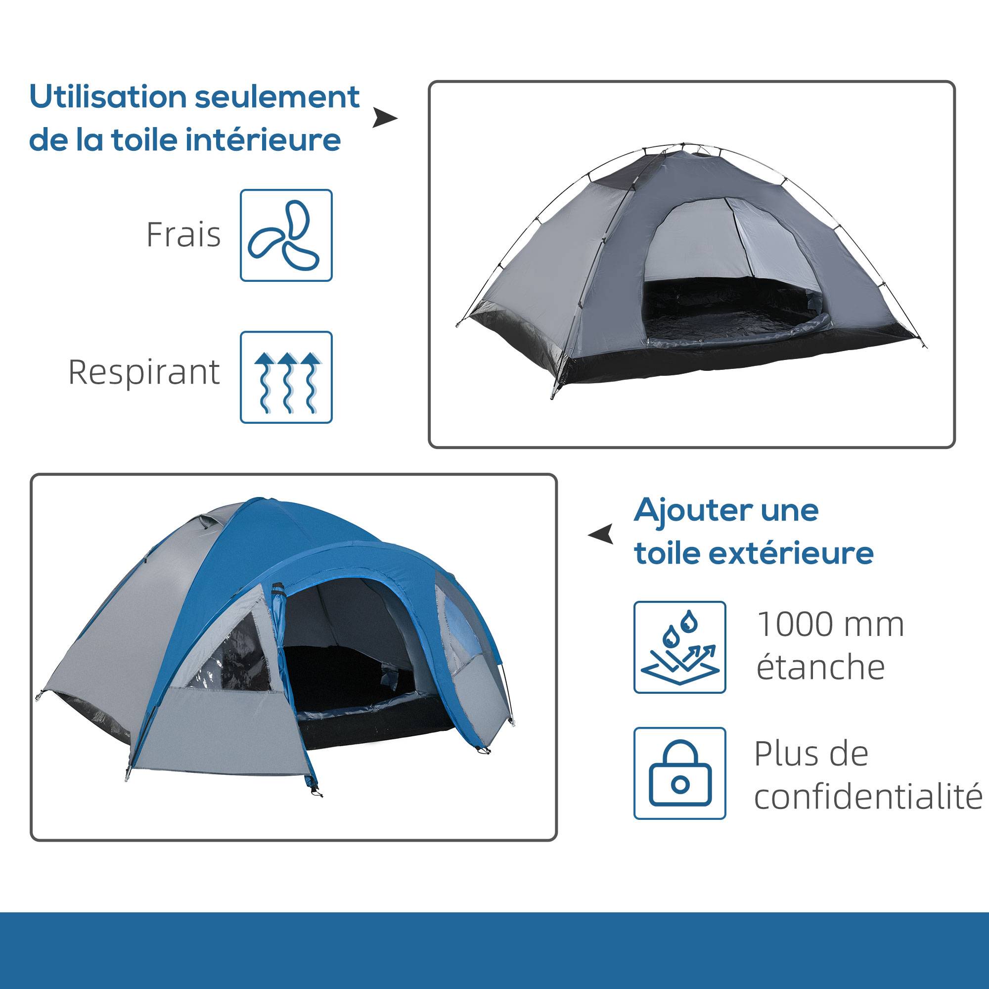 ComfortXL - Tente de camping fibre de verre 3 personnes étanche double porte 300x250x130cm bleu - ComfortXL Outdoor Living - Image 6