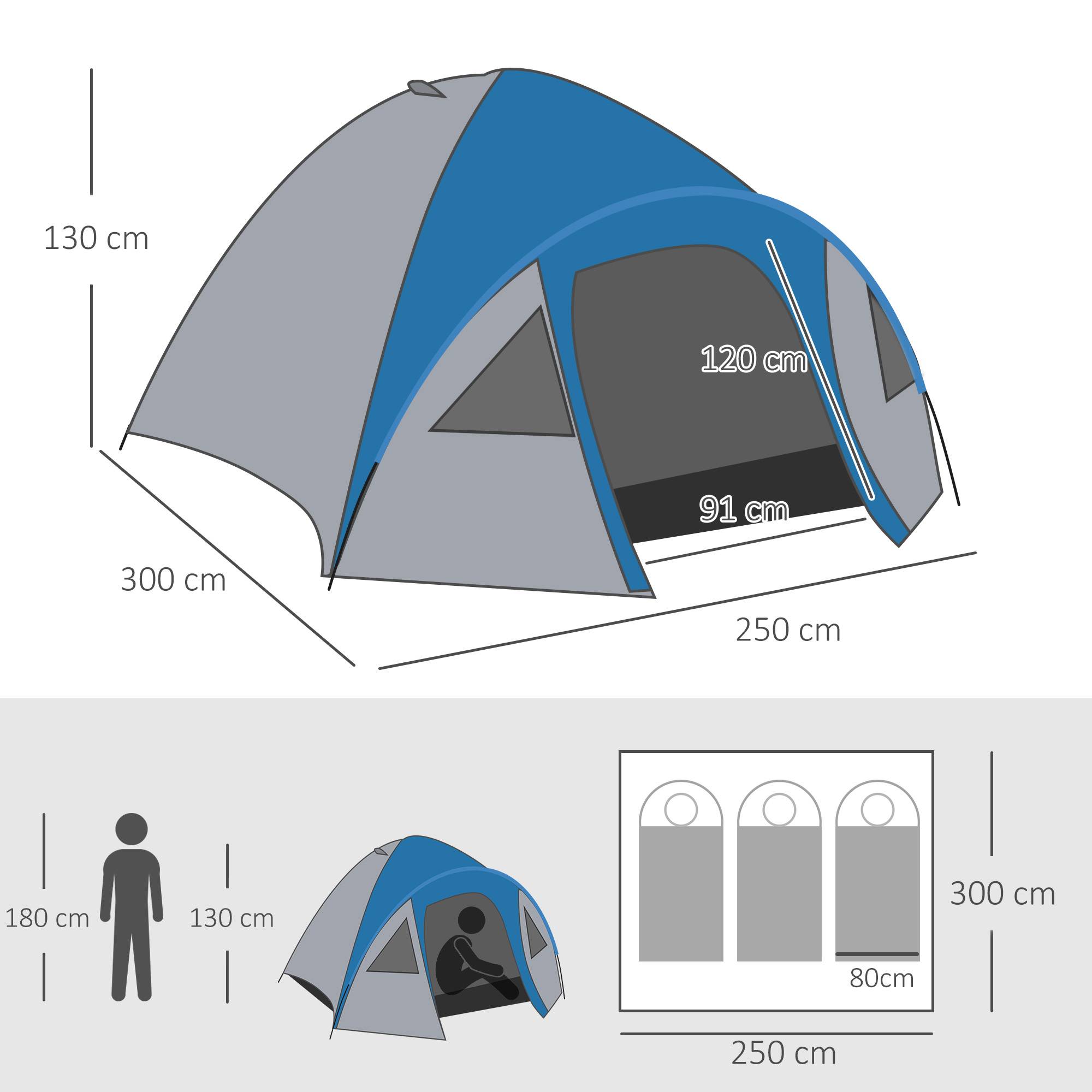 ComfortXL - Tente de camping fibre de verre 3 personnes étanche double porte 300x250x130cm bleu - ComfortXL Outdoor Living - Image 5