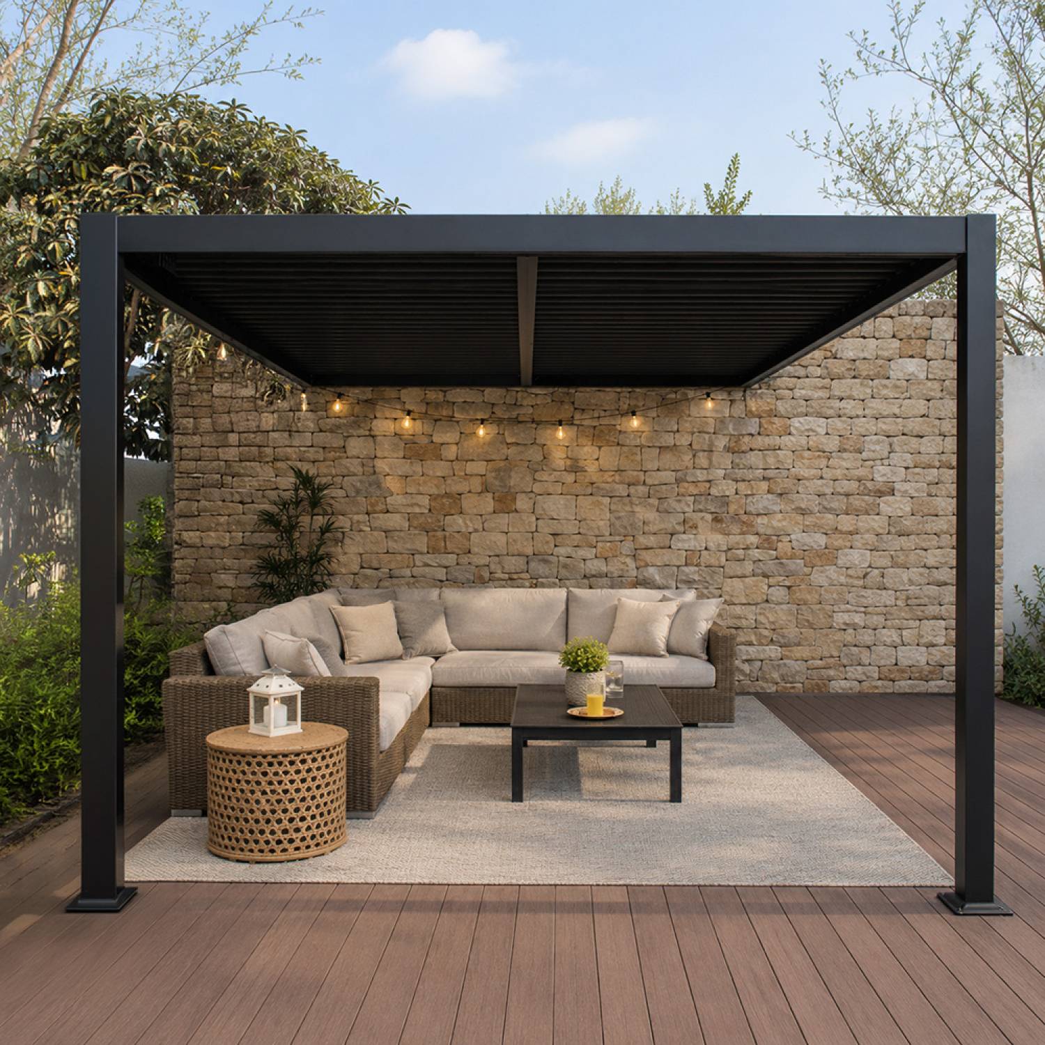Pergola bioclimatique 4x3m adossée en aluminium noir SIFNOS - Image 4