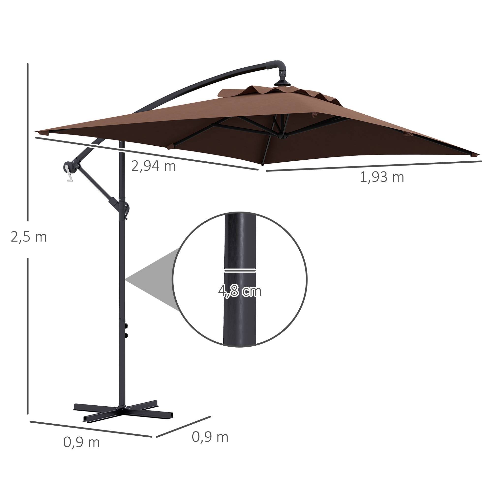 Parasol déporté parasol rectangulaire extérieur manivelle et 6 baleines acier protection UV dim. 294L x 193l x 250H cm - Image 5
