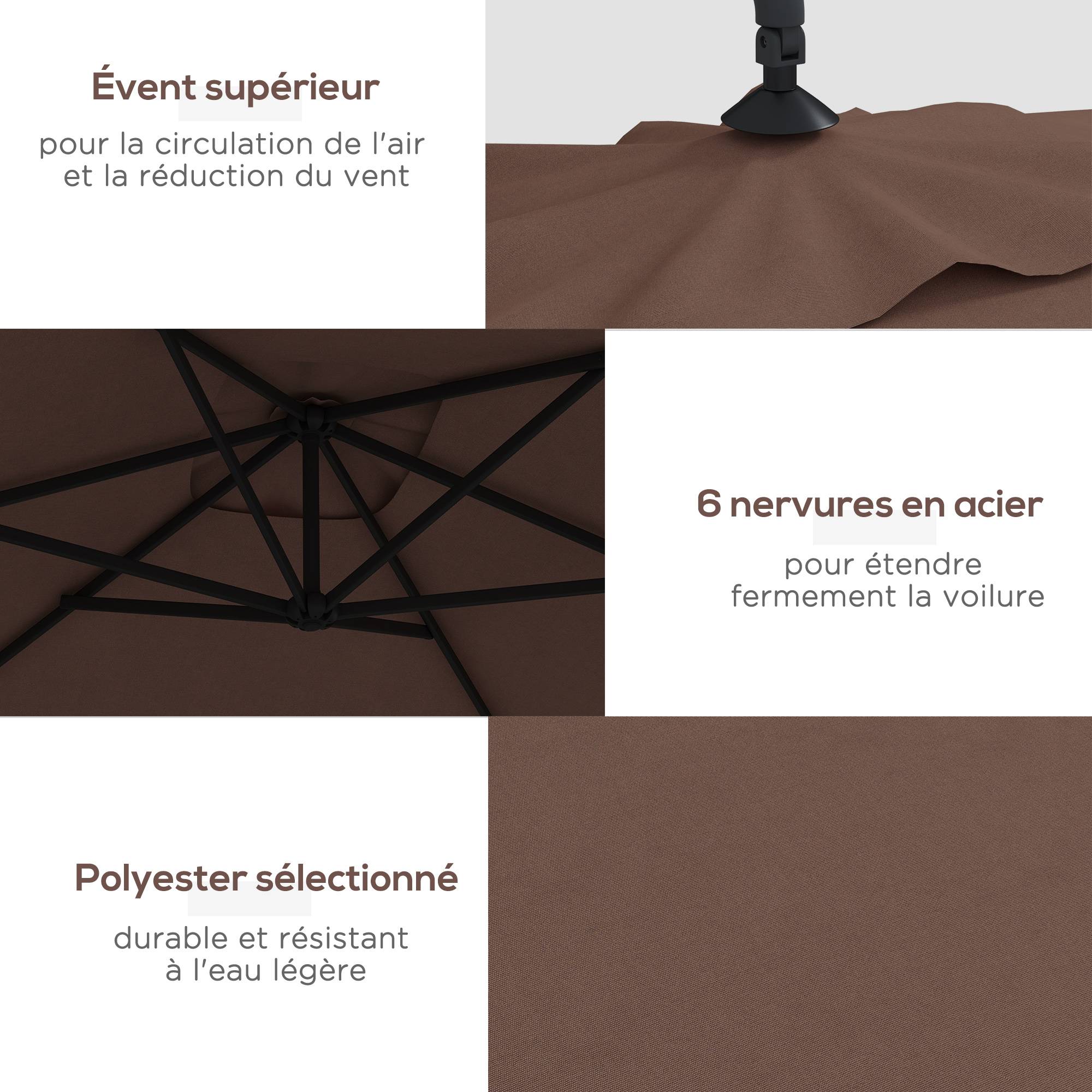 Parasol déporté parasol rectangulaire extérieur manivelle et 6 baleines acier protection UV dim. 294L x 193l x 250H cm - Image 7