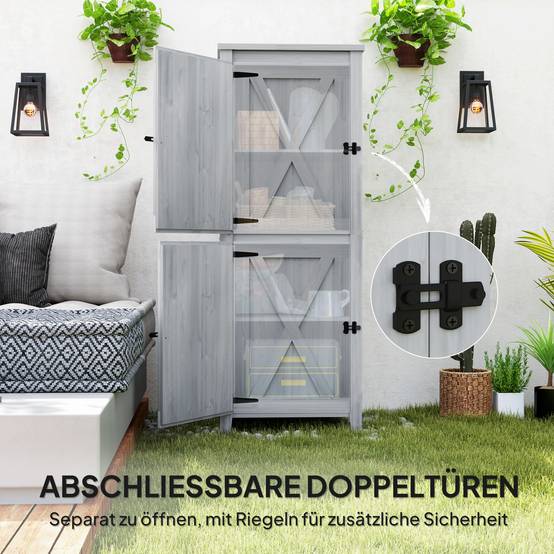 ComfortXL - Armoire de jardin en bois de sapin 60 x 60 x 160 cm gris clair rangement extérieur à 2 portes et étagères - Image 6