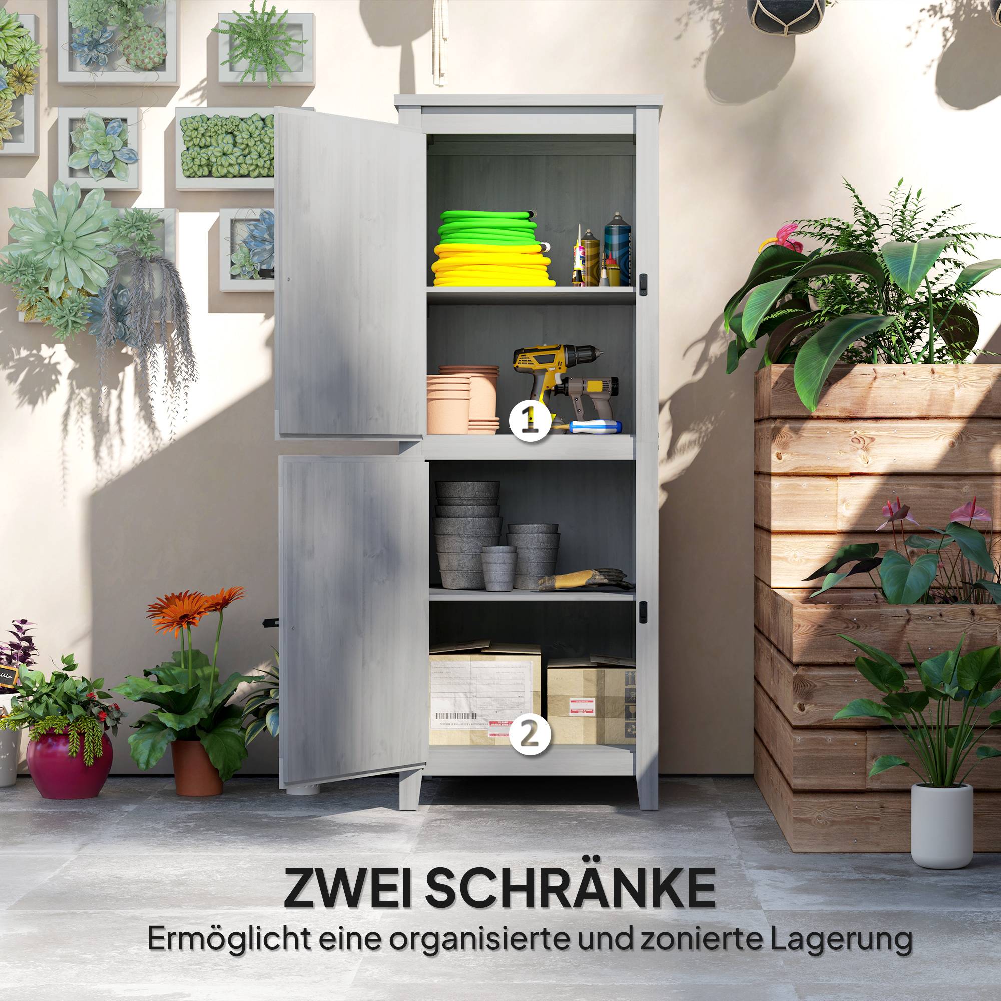 ComfortXL - Armoire de jardin en bois de sapin 60 x 60 x 160 cm gris clair rangement extérieur à 2 portes et étagères - Image 4