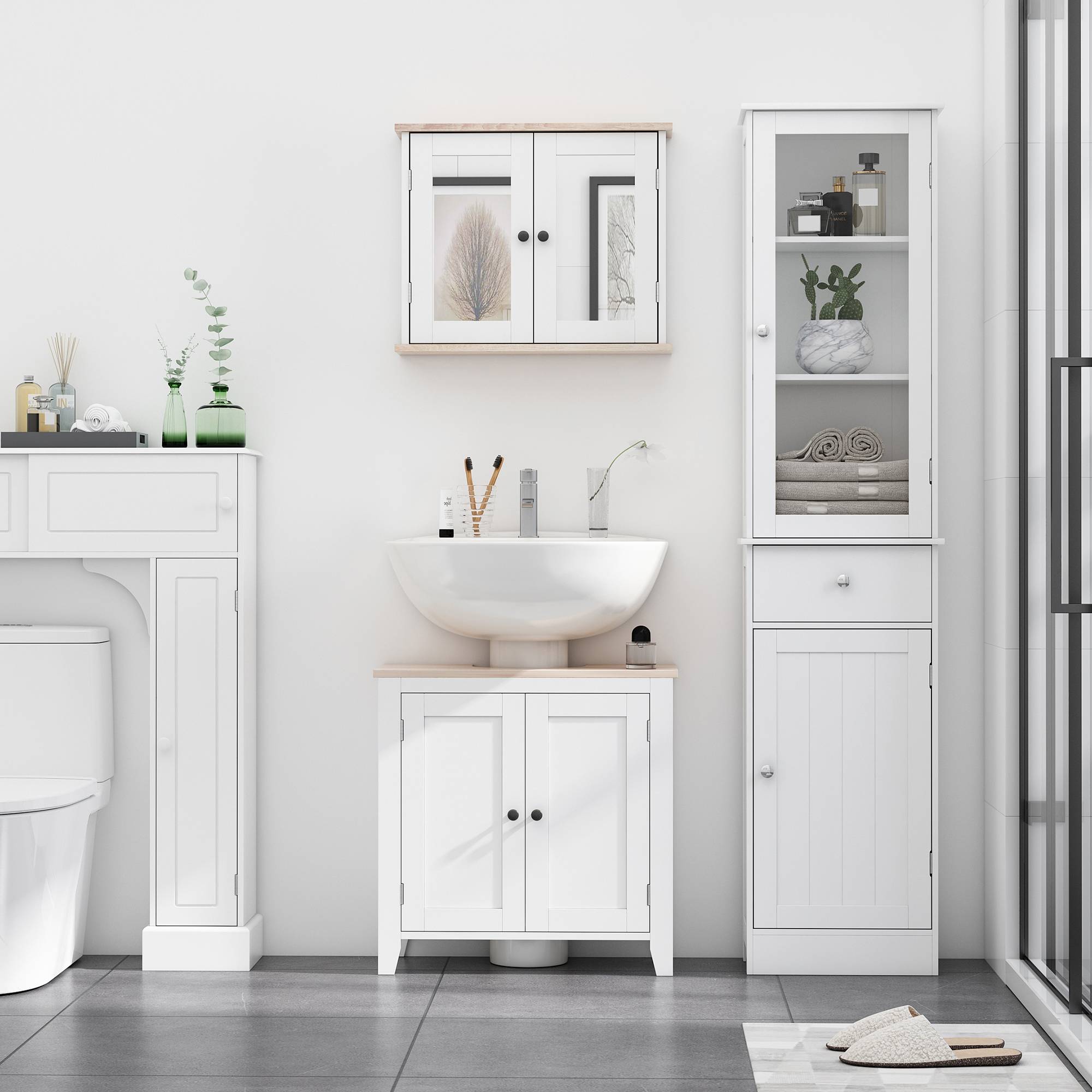 Sans Marque - kleankin Meuble Colonne Salle Bain Placard Porte Acrylique 2 étagères Placard Porte 1 étagère tiroir MDF Blanc - Image 5